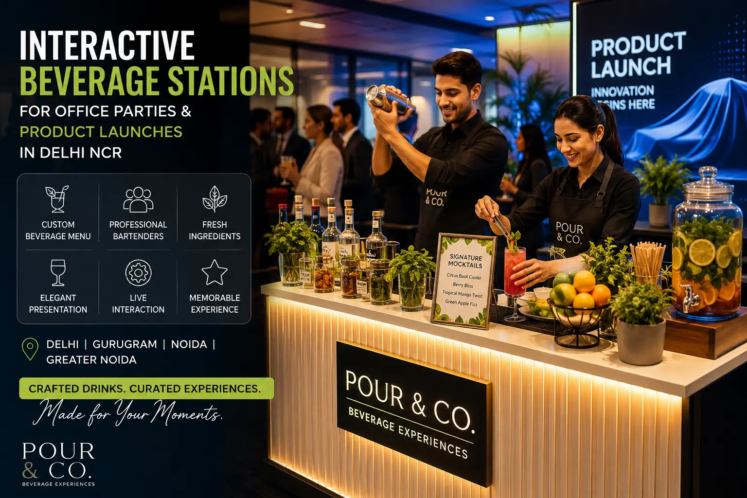 Interactive beverage station with colourful mocktails, fresh ingredients and professional service for an office party or product launch in Delhi NCR.