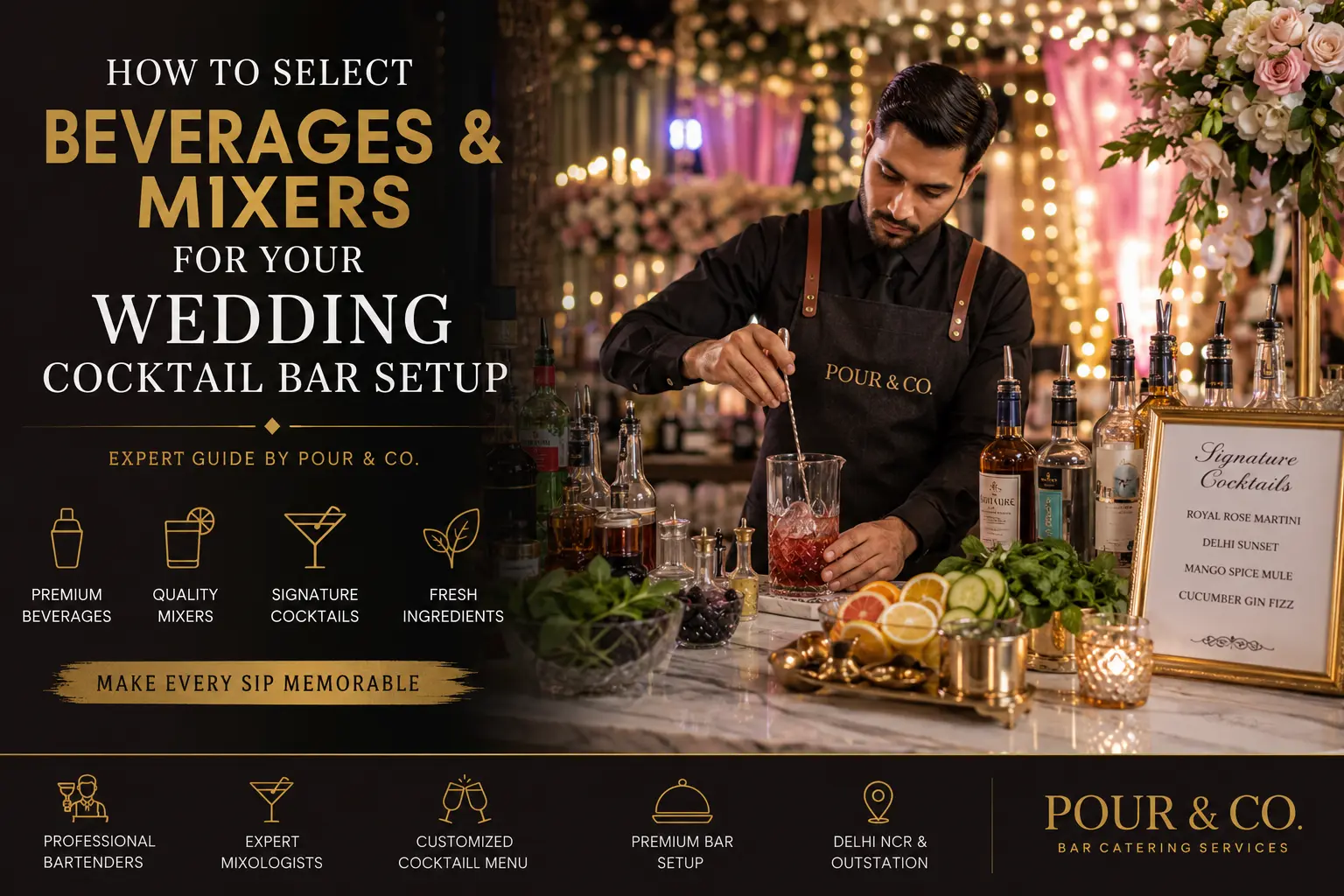 This image showcases a luxury wedding cocktail bar setup designed by Pour & Co., featuring a professional bartender preparing handcrafted signature cocktails using premium spirits, fresh fruits, herbs, and quality mixers. The elegant mobile bar is styled for weddings, receptions, destination weddings, and cocktail parties, highlighting the importance of selecting the right beverages and mixers for an unforgettable guest experience. Pour & Co. provides premium Bar Catering Services in Delhi NCR, Gurgaon, Noida, Faridabad, Ghaziabad, and destination weddings across India with experienced bartenders, expert mixologists, customized cocktail menus, and complete mobile bar setups.