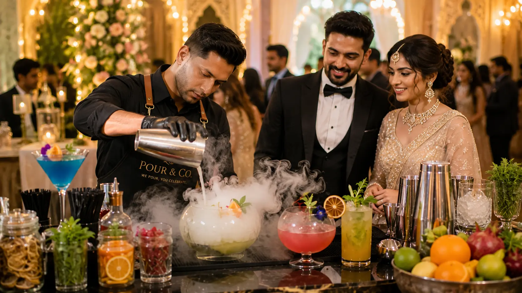 Professional mixologist preparing a molecular mocktail at a luxury Indian wedding with elegant live mocktail bar setup by Pour & Co.