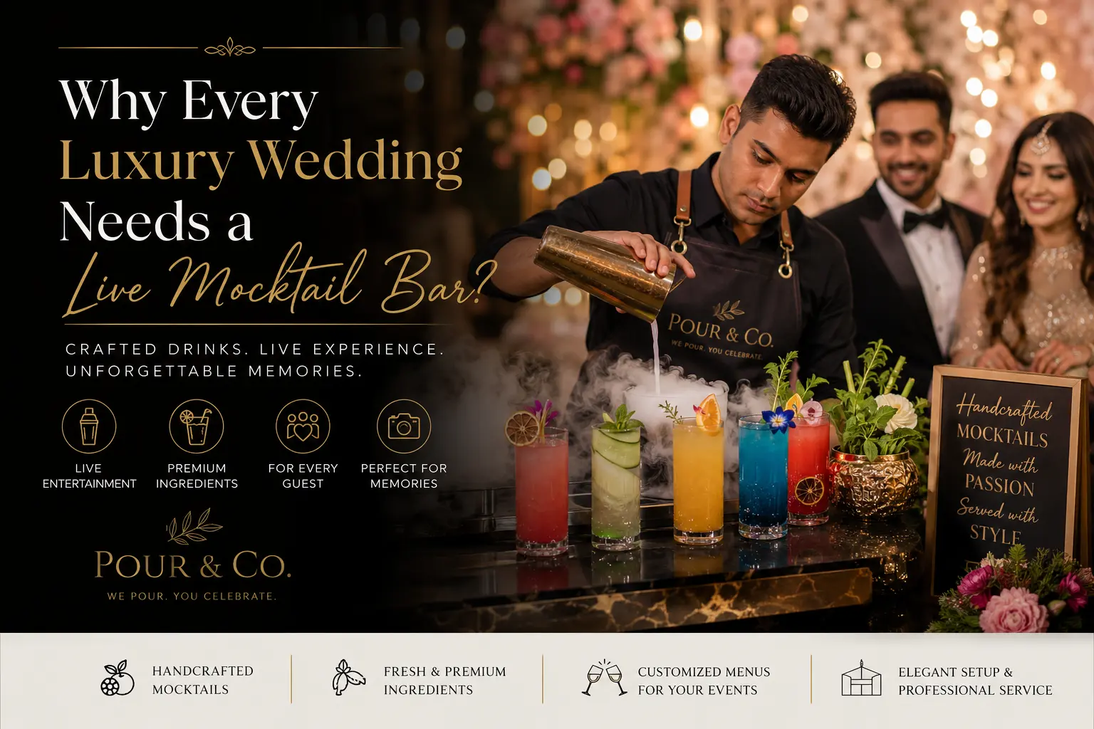 Professional bartender preparing handcrafted mocktails at a luxury wedding live mocktail bar while guests enjoy an interactive beverage experience.