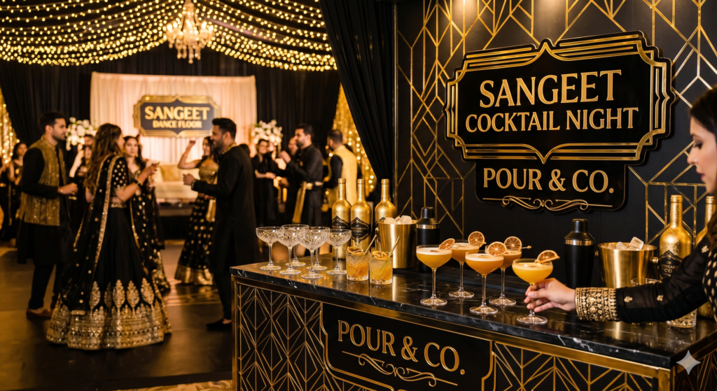 A luxury wedding Sangeet cocktail night bar setup by Pour & Co. featuring a black and golden geometric theme bar counter, custom signature cocktails with dried citrus garnishes, and an elegant black backdrop with gold signage amidst an energetic Indian wedding dance floor under fairy lights.