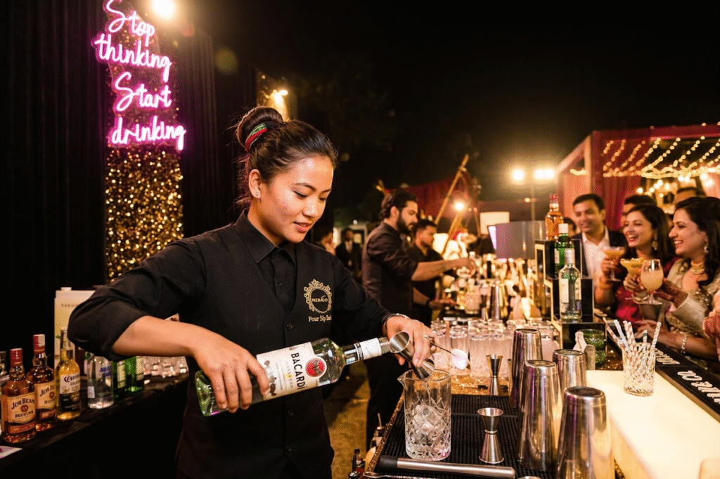 A professional female bartender and wedding mixologist crafting a custom drink at a Pour & Co. luxury mobile bar setup, providing premium cocktail catering for an event in Delhi NCR.